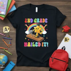 2nd Grade Nailed It! text with a cartoon star trophy and rainbow graphic on a black t-shirt