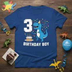 3 Birthday Boy Dinosaur eye-catching graphic design printed on comfortable cotton t-shirt