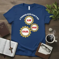 Blue t-shirt with white text '3 Things God Can't Do' and three gears labeled 'Lie', 'Die', and 'Fail'
