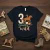 Girl's "3 Young Wild" birthday t-shirt with horse riding graphic and floral accents