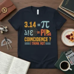 Math humor t-shirt with "3.14 = π Δ!& = PI COINCIDENCE ? I THINK NOT" quote in retro font