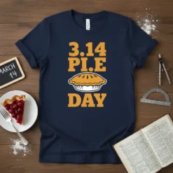Navy blue t-shirt with "3.14 PI.E DAY" in orange text and a graphic of a pie