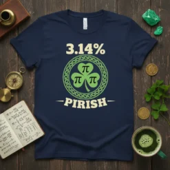 Navy t-shirt with "3.14% Pirish" text and a green shamrock with pi symbols, perfect for math and St. Patrick's Day