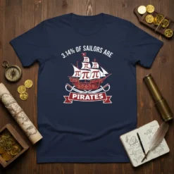 Navy t-shirt featuring the text "3.14% Of Sailors Are Pirates" with a pirate ship graphic and mathematical pi symbols
