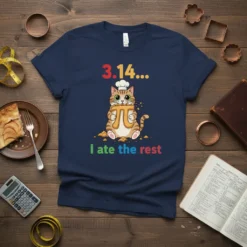 Cute cat chef holding a pi symbol with text "3.14... I ate the rest" on a navy t-shirt