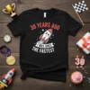 Black t-shirt with "30 Years Ago I Was Once The Fastest" text and a cartoon rocket graphic, celebrating a 30th