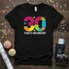 Colorful "30 Years of Awesomsens" text and graphic design on a black t-shirt, celebrating a 30th birthday milestone