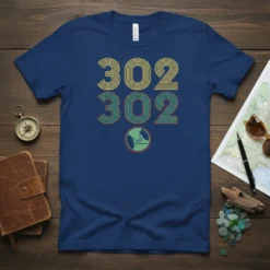 Navy blue t-shirt with "302 302" text in yellow and green retro stripes, featuring a small globe graphic