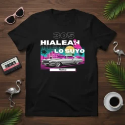 305 Hialeah Tiene Lo Suyo T-Shirt with retro Miami skyline, classic car, and flamingo graphic