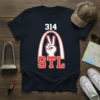 Navy t-shirt with white and red "314 STL" text and Gateway Arch graphic with a peace sign hand inside