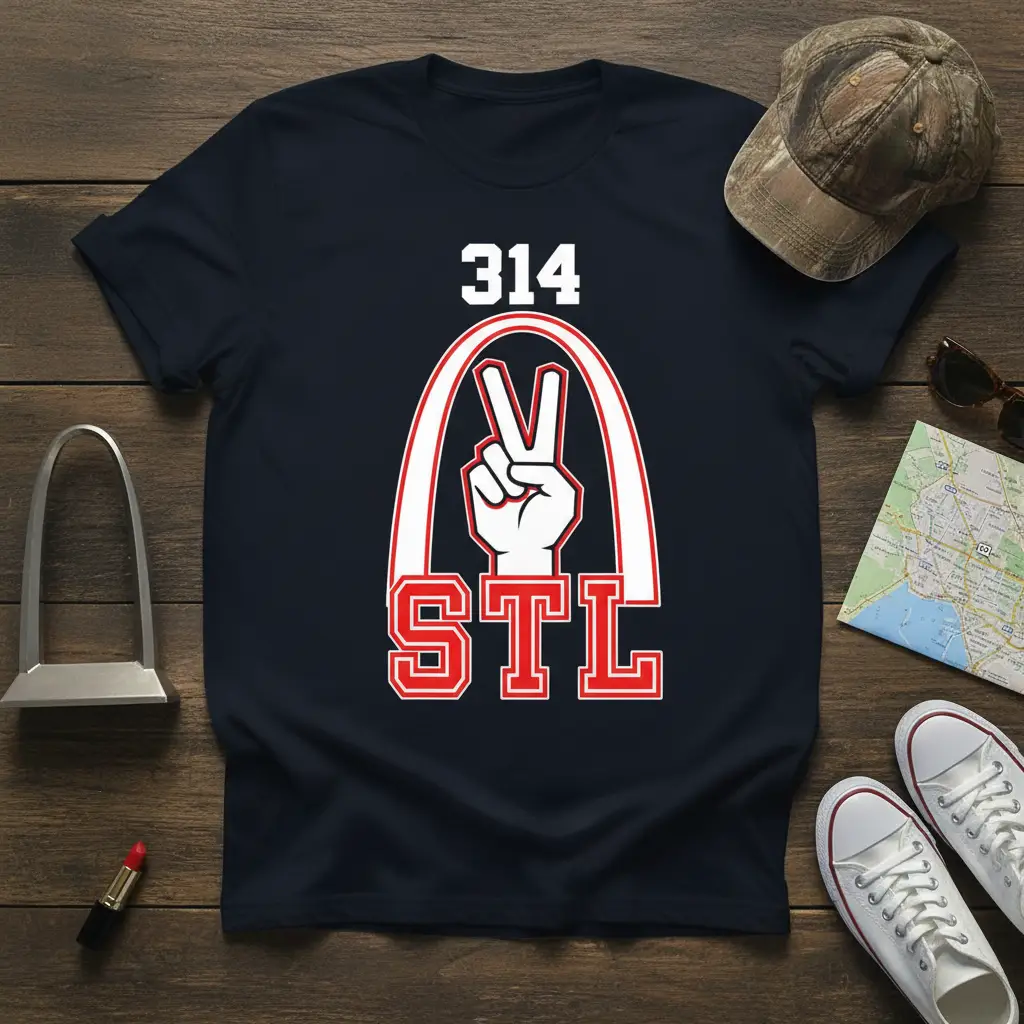 Navy t-shirt featuring the 314 STL design with Gateway Arch and peace sign graphic