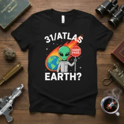 31/ATLAS EARTH? HARD PASS alien t-shirt with green alien holding a stop sign near Earth and a meteor