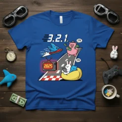 321 Countdown Race T-Shirt design with a pig, rabbit, and cat on a road with a 2025 TV screen
