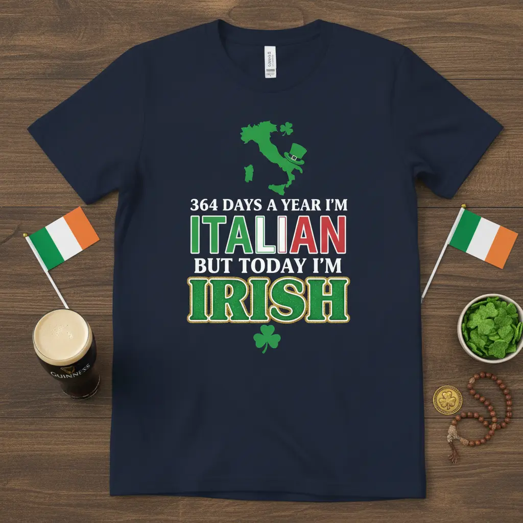 364 Days A Year I'm Italian But Today I'm Irish quote on a t-shirt with Italian flag colors and shamrock graphics