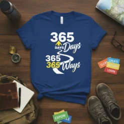 365 Days 365 Ways T-Shirt featuring white and yellow text with a yellow arrow graphic, promoting adventure and travel