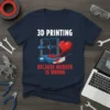 3D Printing Because Murder Is Wrong t-shirt featuring a 3D printer, a bloody heart, and a knife, with bold white