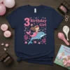 3rd Birthday Girl t-shirt featuring a cute mermaid riding a dolphin with pink accents and bubbles