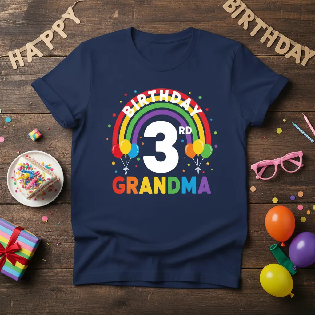 3rd Birthday Grandma T-Shirt featuring a rainbow, number 3, and balloons in festive colors