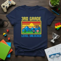3rd Grade Level Up! Level Unlocked t-shirt with pixel art, mountains, student, and mushroom graphics