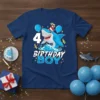 4 Birthday Boy Shark T-Shirt with cartoon shark, balloons, and birthday hat graphic