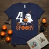 Navy t-shirt with "4 EVER SPOOKY" text, a cute ghost, pumpkins, and bats for a fourth birthday Halloween design