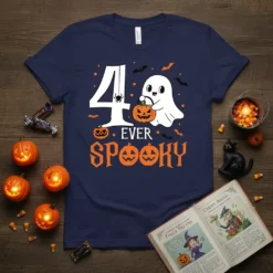 Navy t-shirt with "4 EVER SPOOKY" text, a cute ghost, pumpkins, and bats for a fourth birthday Halloween design