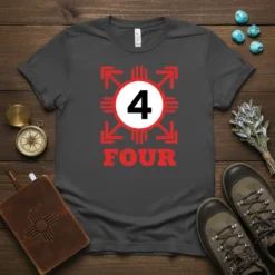 Dark grey t-shirt with bold red and black "4 FOUR" graphic design, featuring a circle with arrows and vertical lines