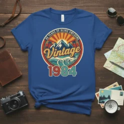 40 Years of Being Awesome Vintage 1984 text with mountains and waves graphic on a blue t-shirt