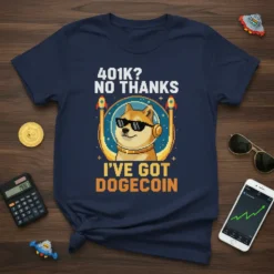 401K? NO THANKS I'VE GOT DOGECOIN text with pixelated Shiba Inu wearing sunglasses and headphones, surrounded by rockets