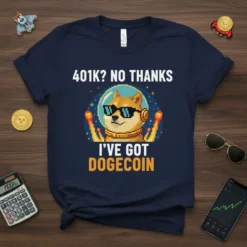 401K? NO THANKS I'VE GOT DOGECOIN text with a pixelated Doge astronaut graphic on a navy t-shirt