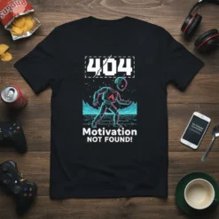 Black t-shirt with "404 Motivation NOT FOUND!" text and a retro robot graphic, featuring neon blue and pink accents