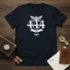 White 444 angel number symbol with winged lion crest on a navy blue t-shirt