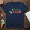 √4489 square root math symbol with donut numbers and green icing on a navy blue t-shirt