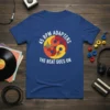 Blue t-shirt with "45 RPM ADAPTERS THE BEAT GOES ON" text and graphic of record adapters and sound waves