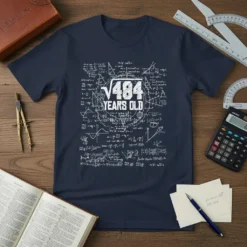 Navy t-shirt with white text √484 Years Old surrounded by complex mathematical formulas and graphs