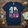 Navy blue t-shirt with "4ever WILD" text in aqua and pink, featuring a cute boho fox and rabbit illustration