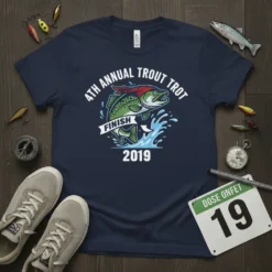 4th Annual Trout Trot 2019 Finish detailed graphic design printed on comfortable cotton t-shirt
