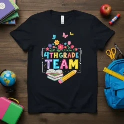 4th Grade Team text design with colorful flowers, butterflies, books, and a pencil on a black t-shirt