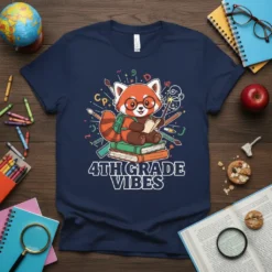 4th Grade Vibes text with a cute red panda reading a book on a stack of books, surrounded by school
