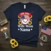 Navy t-shirt with "4th July Wife Mom Nana" text, American flag, and sunflowers graphic