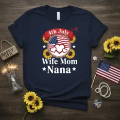 Navy t-shirt with "4th July Wife Mom Nana" text, American flag, and sunflowers graphic