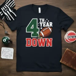 4th Year DOWN football design with large green '4', white 'TH YEAR' text, and red 'DOWN' text, featuring a football