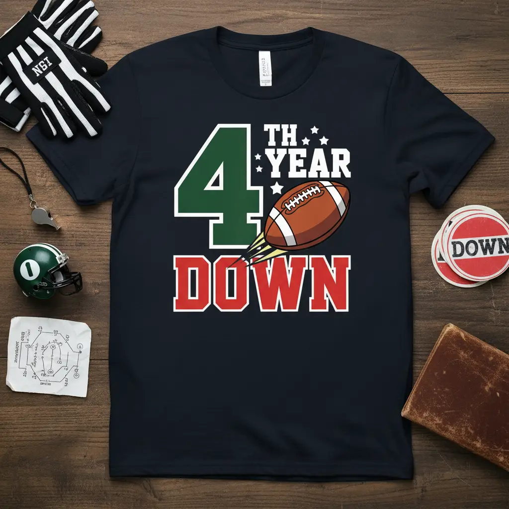 4th Year DOWN football fan t-shirt design with bold green number 4 and red text, featuring a flying football graphic