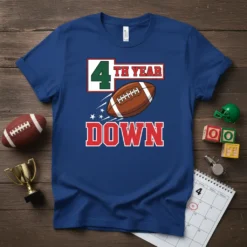 4th Year Down football t-shirt design with bold text and a flying football graphic