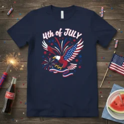 Navy blue t-shirt with "4th of July" text and a graphic of an American bald eagle with the US flag
