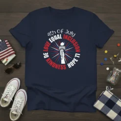 Navy t-shirt with "4th Of July EQUAL INCLUSION DE LOVE KINDNESS HOPE LL" text around the Statue of Liberty graphic