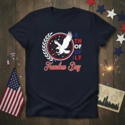 4th of July Freedom Day t-shirt with an eagle and patriotic stars and stripes design