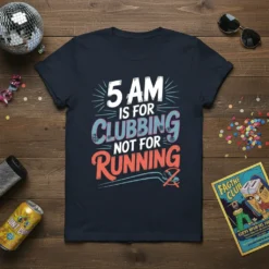 5 AM Is For Clubbing Not For Running text design on a navy blue t-shirt, featuring bold white, pink, and