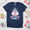 Navy t-shirt with pink and blue text "5 Birthday Girl" and a pastel castle graphic, perfect for a 5th birthday