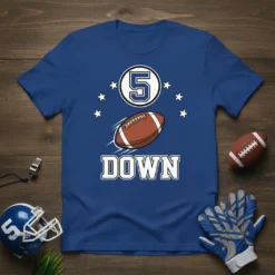 Blue t-shirt with "5 DOWN" text, a football graphic, and stars, designed for a 5th birthday celebration